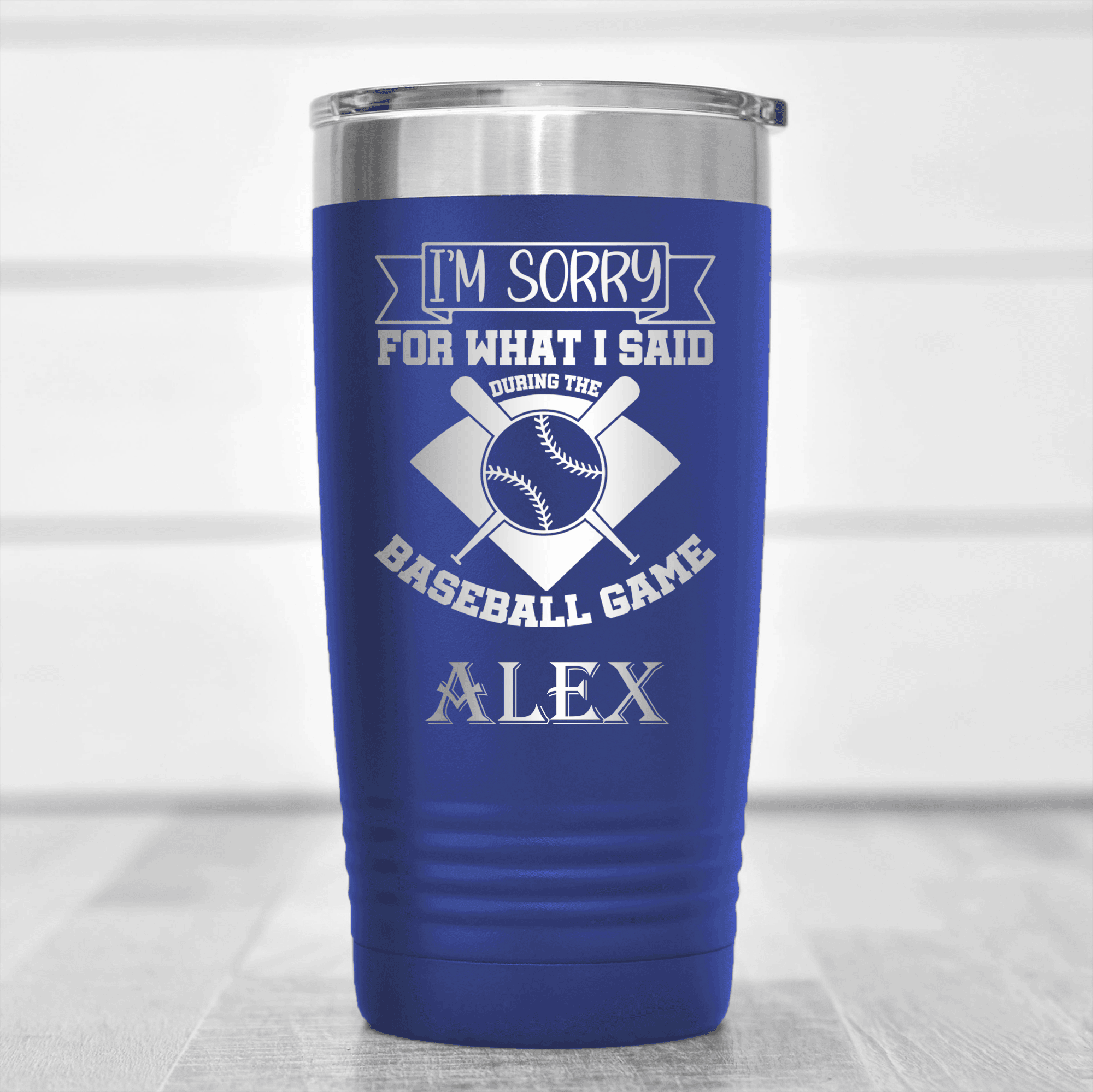 Blue Baseball Tumbler With Baseball Game Day Regrets Design