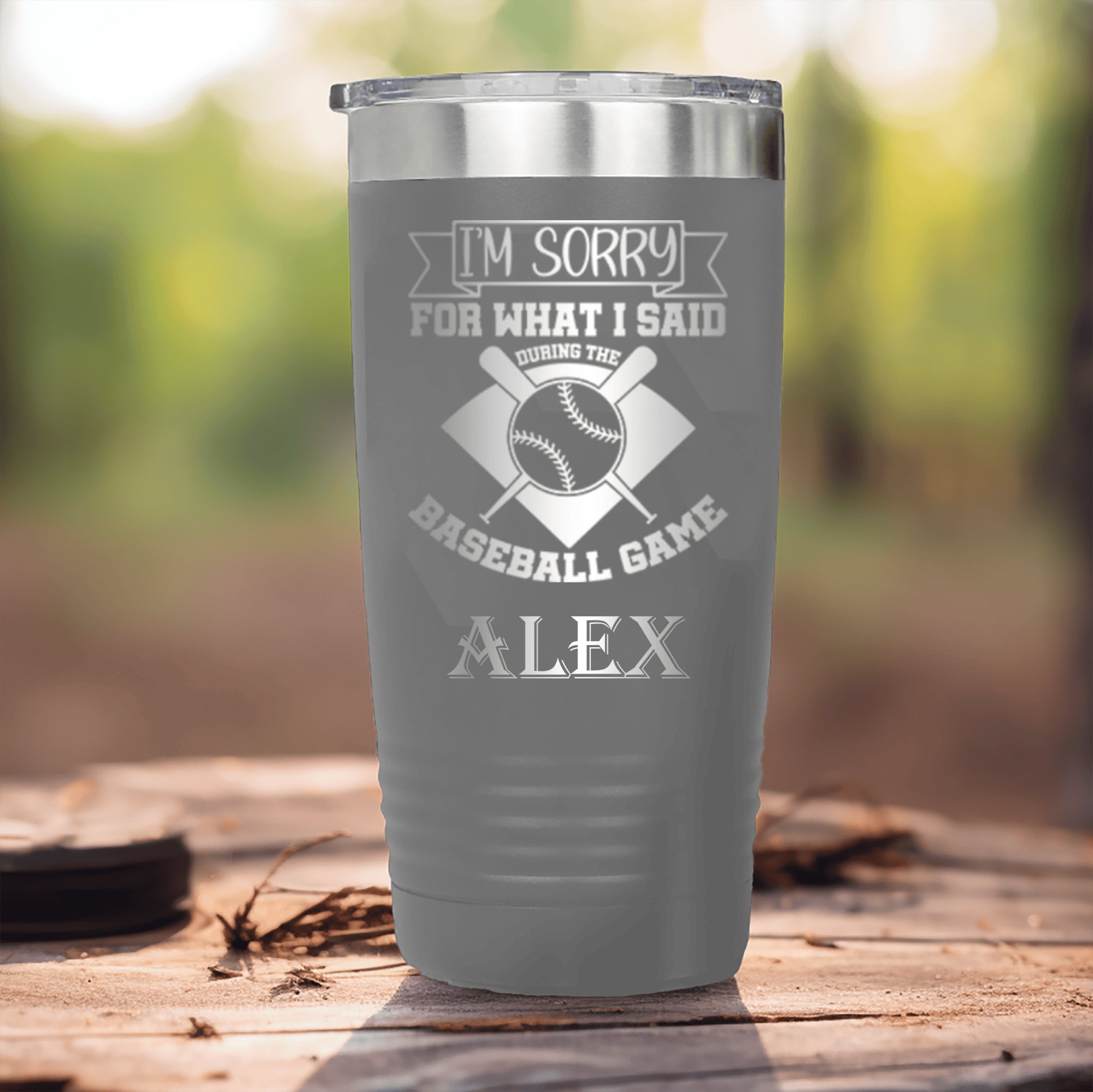 Grey Baseball Tumbler With Baseball Game Day Regrets Design