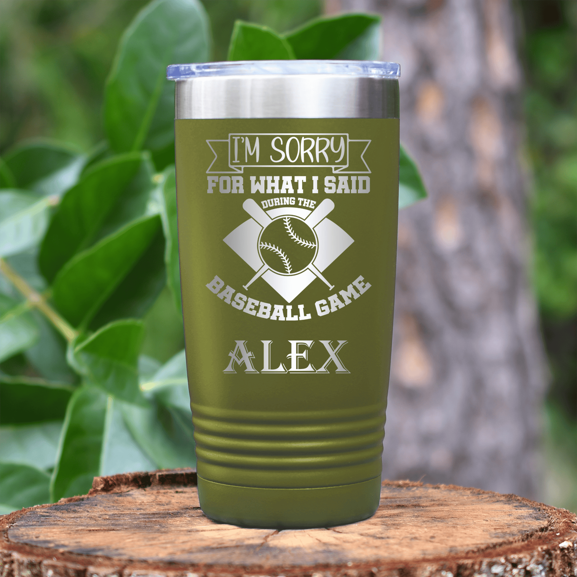 Military Green Baseball Tumbler With Baseball Game Day Regrets Design