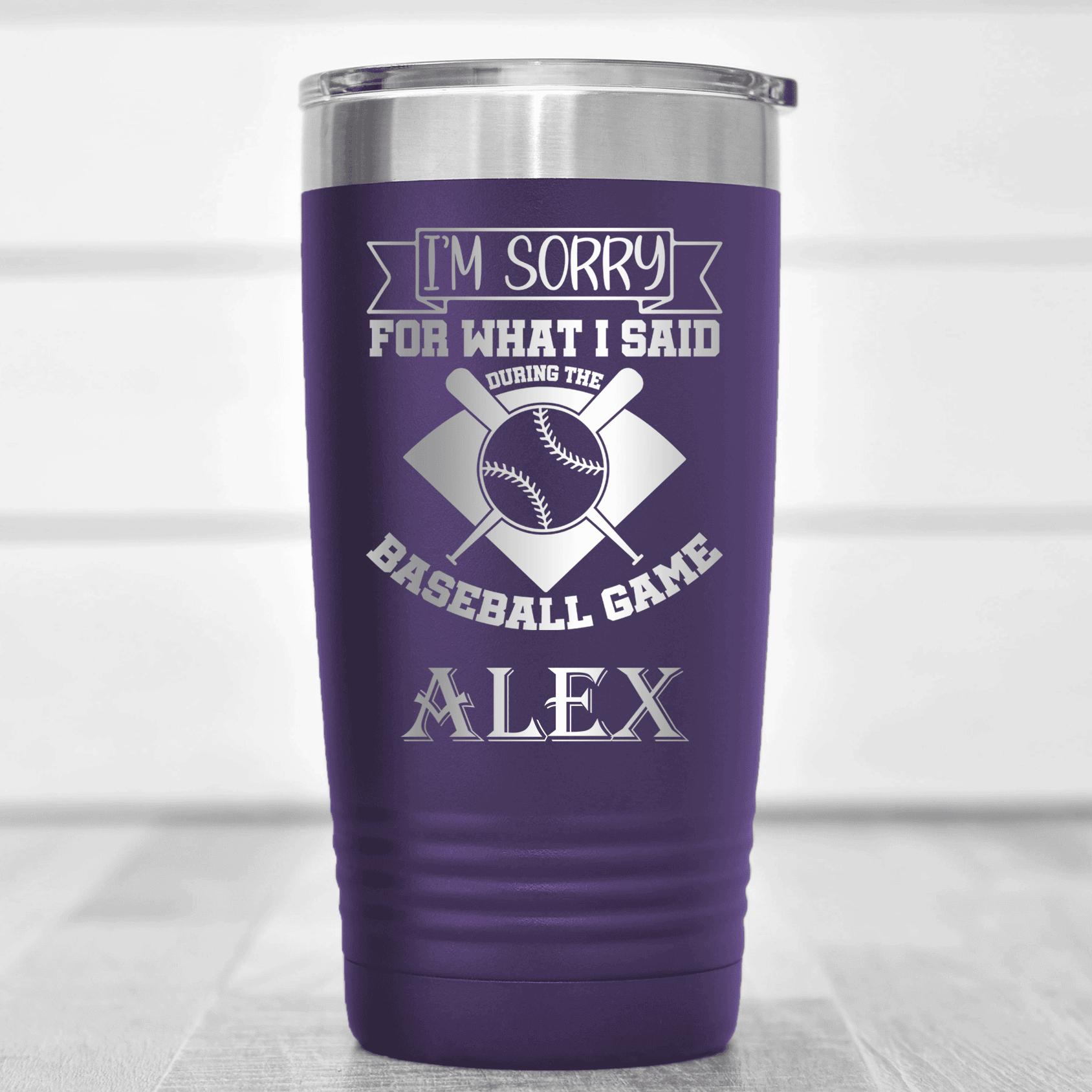 Purple Baseball Tumbler With Baseball Game Day Regrets Design