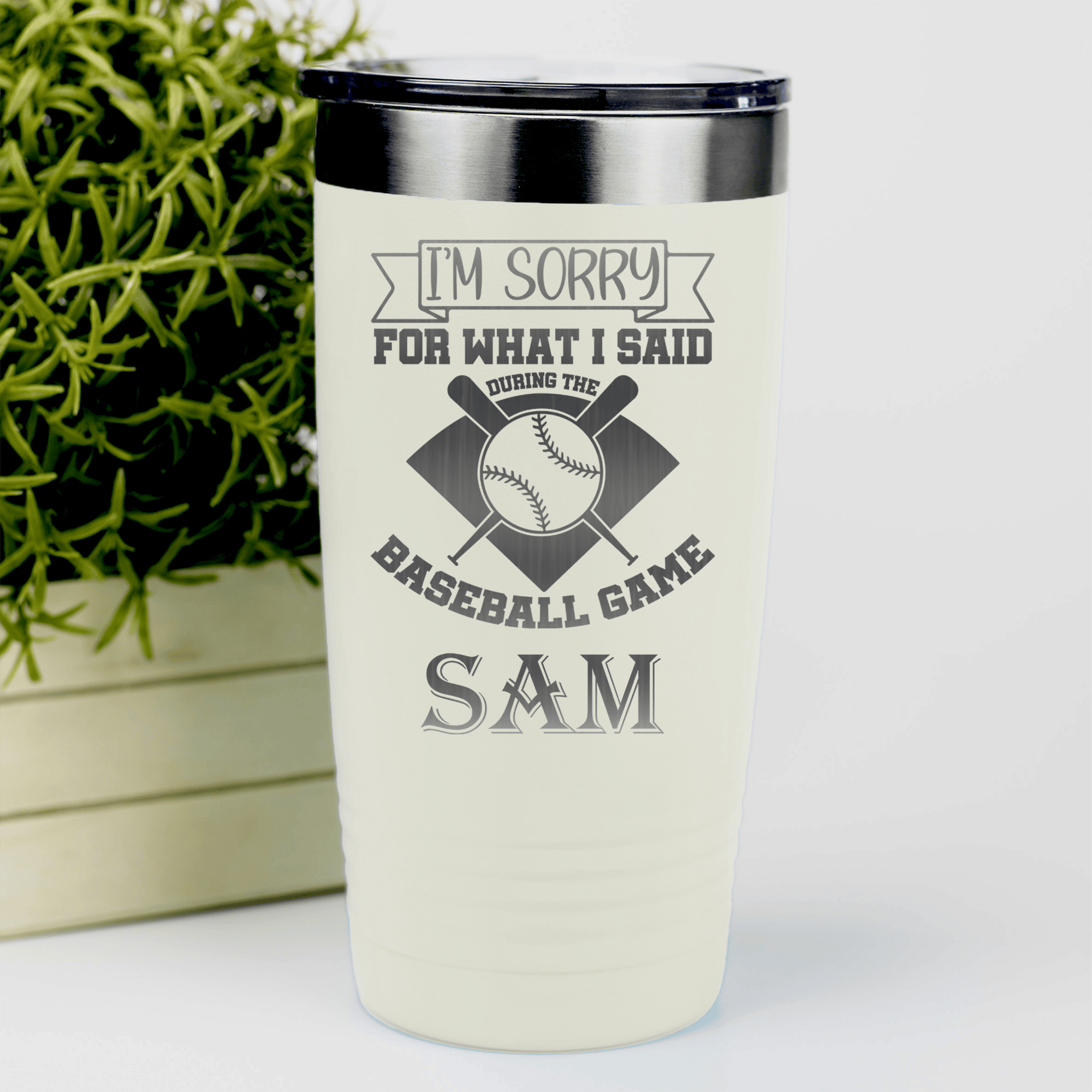 White Baseball Tumbler With Baseball Game Day Regrets Design