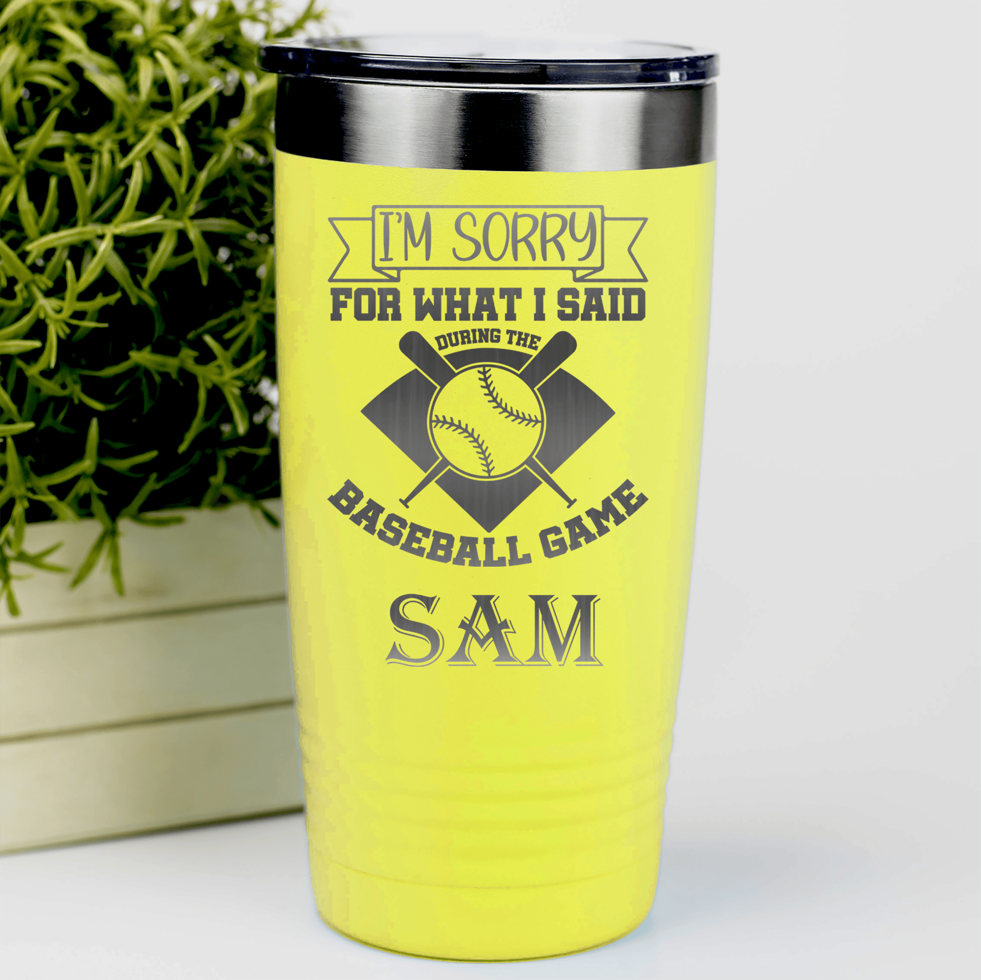 Yellow Baseball Tumbler With Baseball Game Day Regrets Design