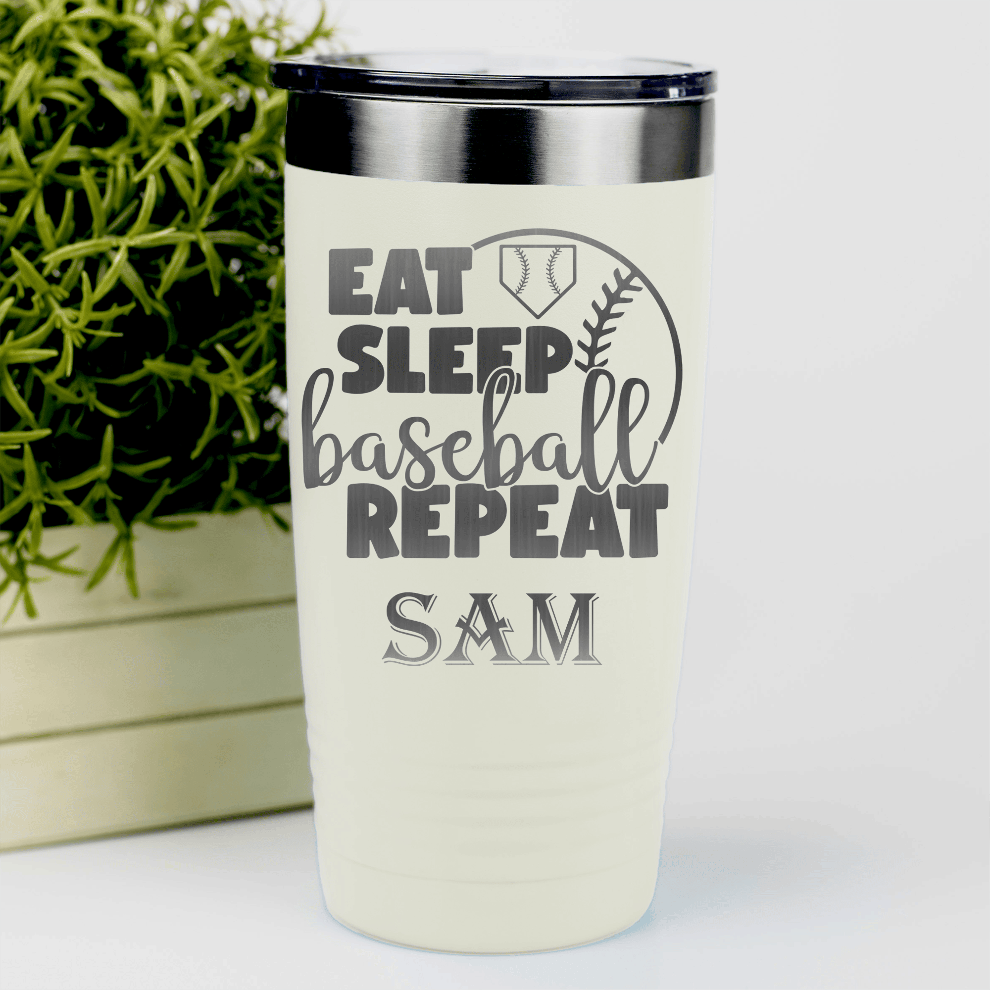 White Baseball Tumbler With Lifes Rythm Baseball Design