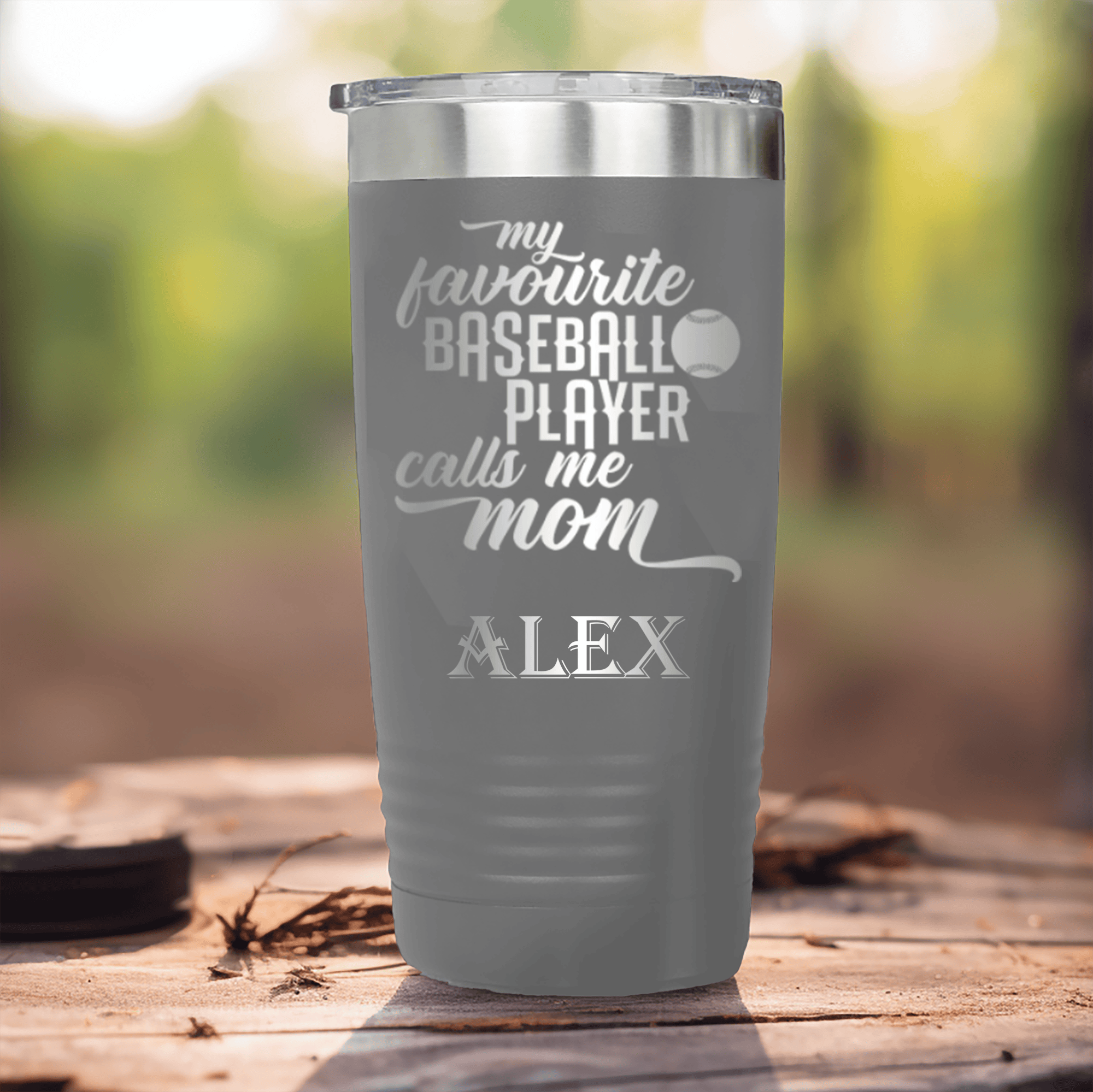 Grey Baseball Tumbler With Moms Mvp On The Diamond Design