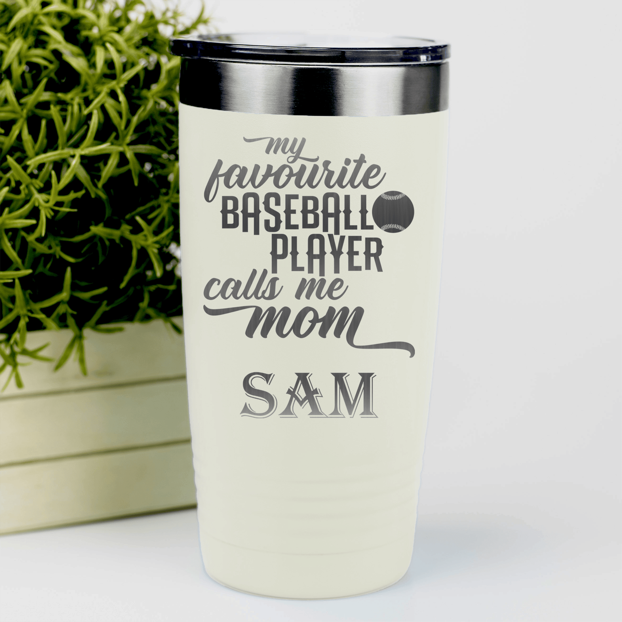 White Baseball Tumbler With Moms Mvp On The Diamond Design