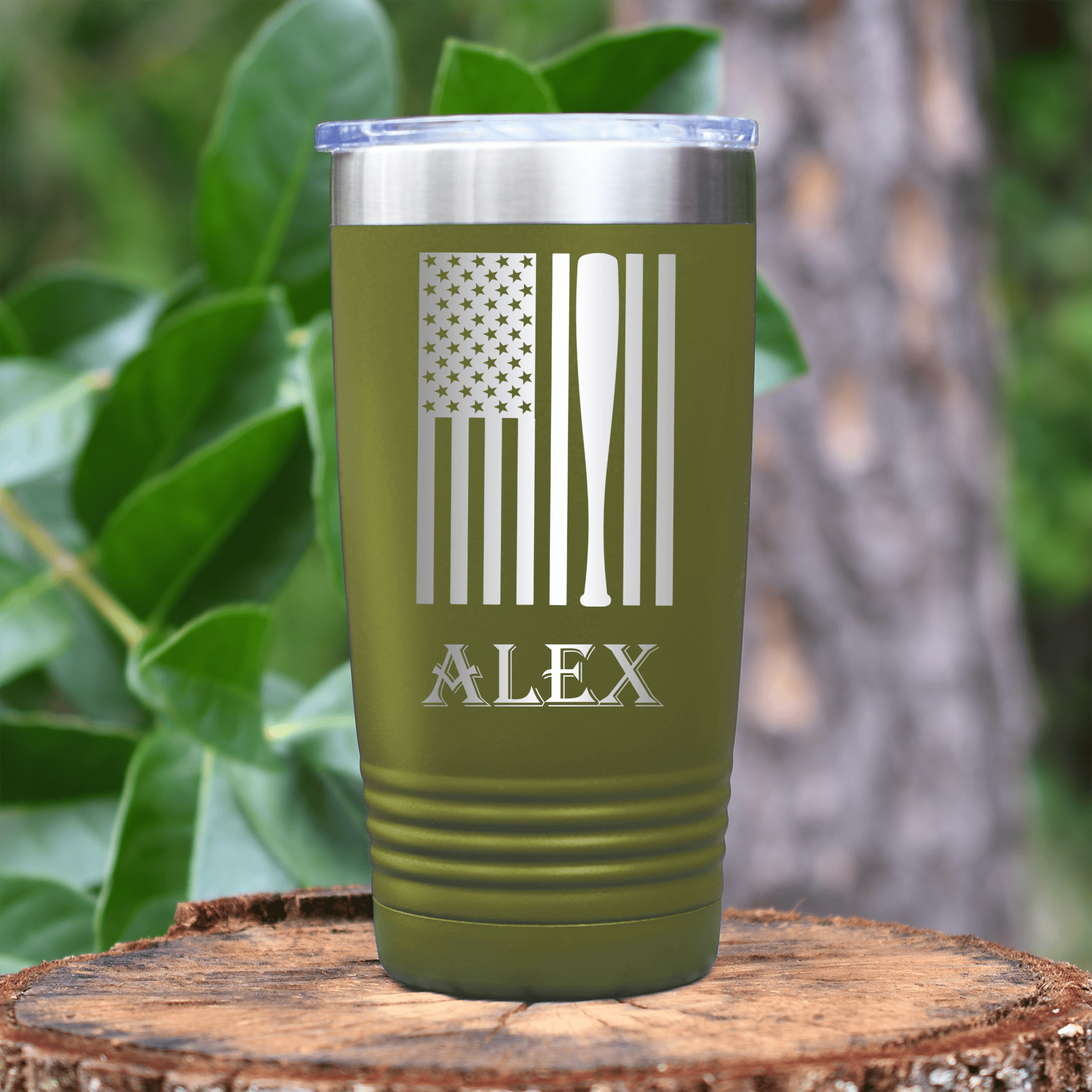 Military Green Baseball Tumbler With Patriotic Baseball Pride Design