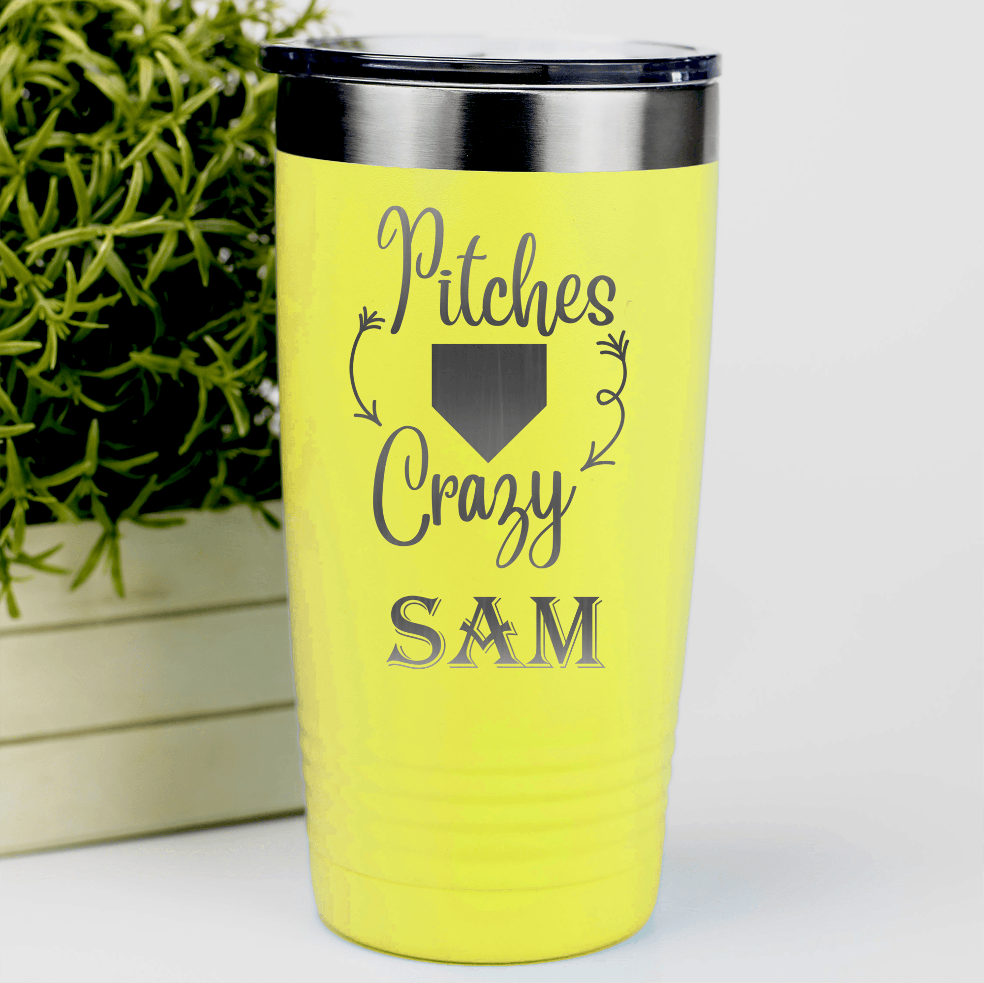 Yellow Baseball Tumbler With Playful Pitch Madness Design