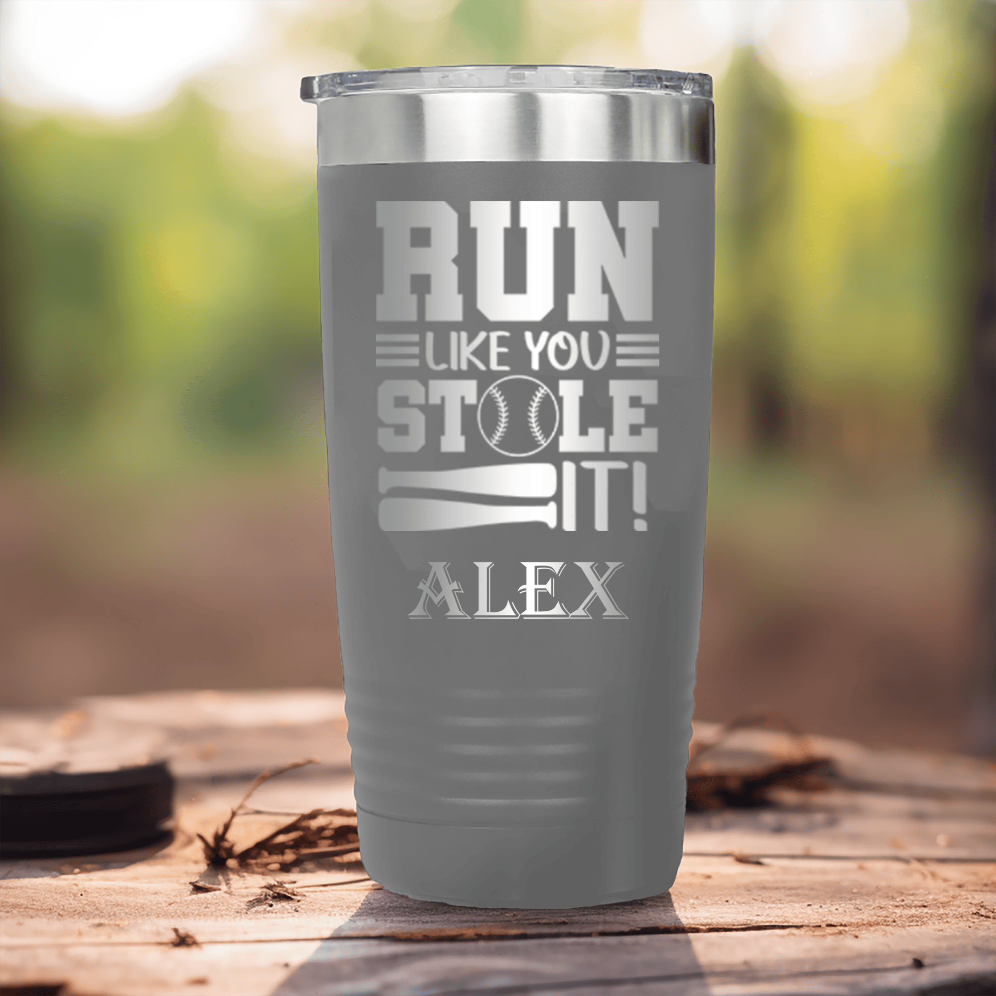 Grey Baseball Tumbler With Swift Baserunner Design