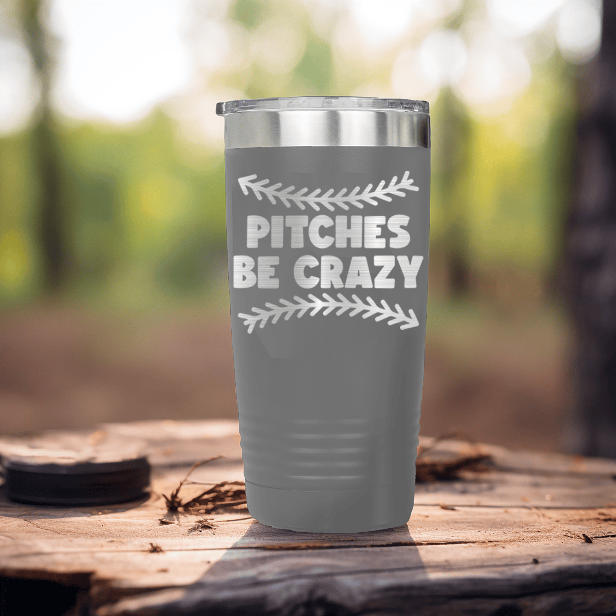 Grey baseball tumbler Unpredictable Pitches